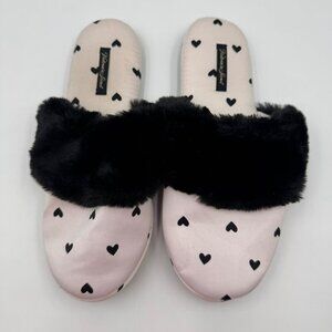 Victorias Secret Womens Satin Slippers With Hearts & Black Faux Fur - Size M
